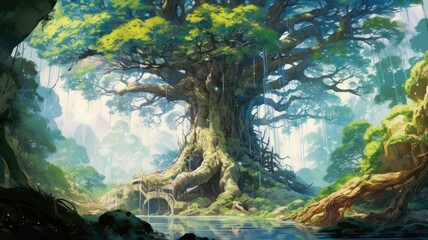 Digital art of fantasy landscape with giant tree and figure by the river. Artistic concept for wallpaper and game background. Man and tree are on a rocky outcrop that juts out from a hillside. AIG35.