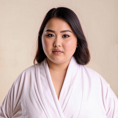 Fototapeta premium fat asian woman in a robe, girl in white clothes on a light background