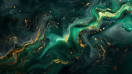 Obraz premium Luxurious abstract swirls of emerald and gold on a dark canvas