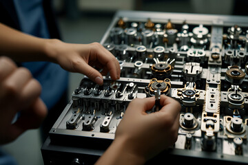 Swiss individuals with fair complexion assembling watch movements in a modern industrial setting, showcasing precise hand movements and specialized tools, 8k Ultra HD 