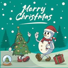 Christmas Greeting Card of Seasonal Elements with Snowman and Pine Tree Hand Drawn Items Retro Cartoon Vector Design Illustration