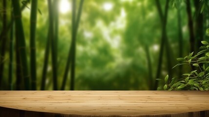 Bamboo plant in pot on wooden table with bamboo forest in background. Green bamboo garden with...