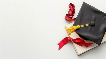 GGT on a white background, a black and yellow graduation cap with a red ribbon next to a diploma, a top view, copy space concept for education or college celebration and party, minimalism.