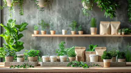 Set of natural color compostable food boxes and cups with indoor plants backdrop