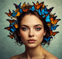  Illustration of a Beautiful Woman with Butterflies on Her Head.