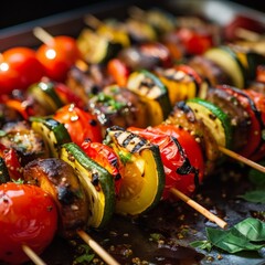 A skewer of vegetables and meat is on a grill