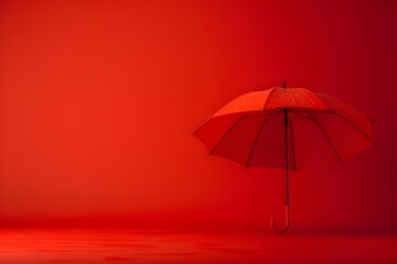 A red umbrella is standing on a red background. The umbrella is open and the rain is falling on it