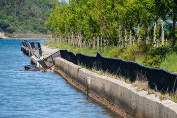 災害でフェンスが大きくゆがんだ海沿いの遊歩道