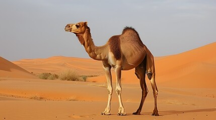 Photograph of a Saudi Arabian man with a tall camel in the desert at sunset Ai Image