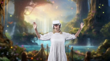 Excited woman turning around looking VR in wonderland metavers in fairytale forest meta magical...
