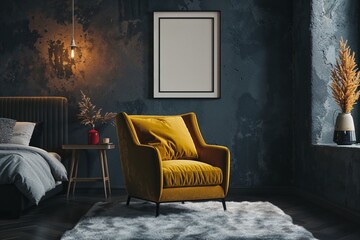 Contemporary Bedroom with Mustard Yellow Armchair and Minimal Monochromatic Decor