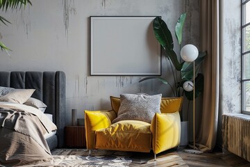 Contemporary Bedroom with Mustard Yellow Armchair and Minimal Monochromatic Decor