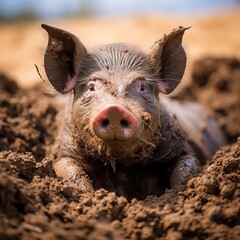 A pig is laying in the dirt, looking up at the camera