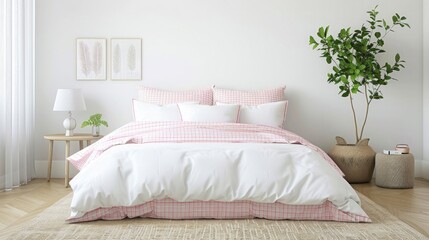light pink and white gingham duvet cover in modern bedroom, home decor photography, detailed, high resolution