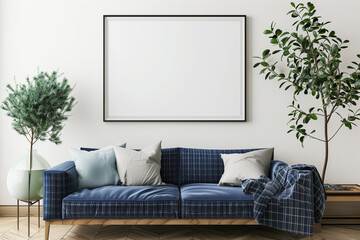 Poster mockup with horizontal frame hanging on the wall in living room interior with sofa beige pillows and green branch in glass vase on empty white background. 3D rendering illustration.
