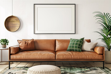 Poster mockup with horizontal frame on empty wall in living room interior with pink sofa and multi-colored pastel pillows. 3D rendering.