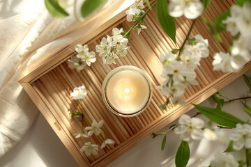 A glass candle jar mockup, top view, placed on a bamboo tray with soft, natural lighting in a spa center, evoking a sense of calmness and natural beauty, perfect for a spa atmosphere. 