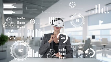 Businesswoman selecting market business data research analysis graph monitor by VR global innovation interface digital infographic network technology visual hologram animation at office. Contraption.