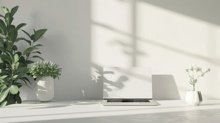 Minimalist white wall background with laptop and plants on a desk, 3D rendering