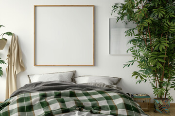 Poster mockup with wooden square frame on empty white wall in bedroom interior with bed green plaid rug and plants. 3D rendering.