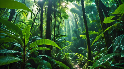 Rainforest Landscape with Sunlit Foliage and Reflective Droplet