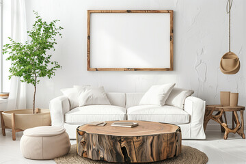 Round wooden coffee table near white sofa against wall with poster frame. Scandinavian home interior design of modern living room.