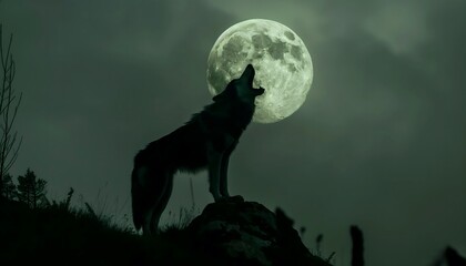 Howling Wolf Silhouette Against Full Moon
