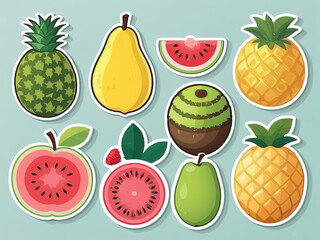 Stickers include fruits: watermelon, pineapple, lemon,  banana, strawberry, isolated background.