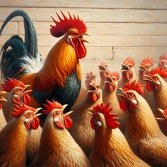 Chickens are standing in a group in front of a wooden wall.
