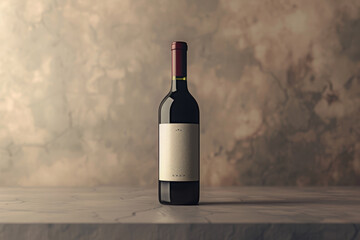 Fototapeta premium Close-up and front view of a single wine bottle with a blank label, placed on a sleek, modern table, isolated with muted color tone wall, monochrome, minimalist...