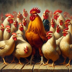 A group of chickens standing on a wooden floor with a red rooster in the middle.