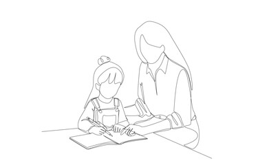 Continuous one line drawing of mother help her daughter learn, parenting concept, single line art.