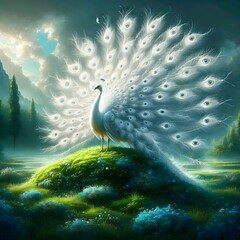 Painting of a peacock with feathers spread out on a hill.