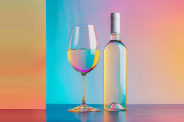 A studio shot of a white wine bottle and glass set, front view, arranged in a minimalist style with a colorful abstract background, the composition should be modern and eye-catching...
