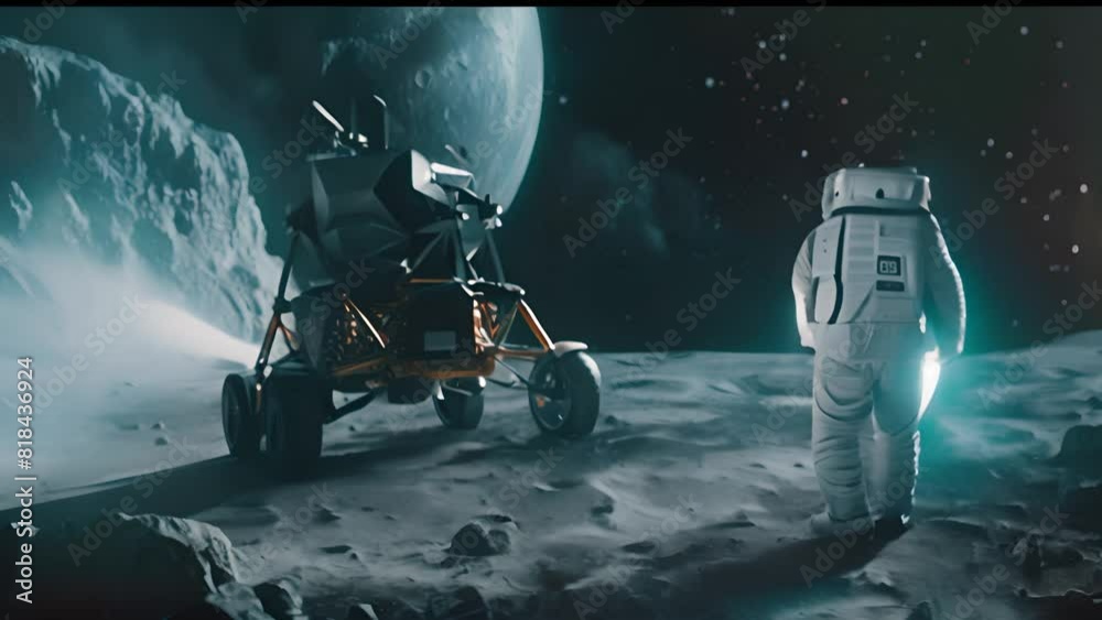 Wall mural astronaut with lunar rover on moon surface with ai generated.