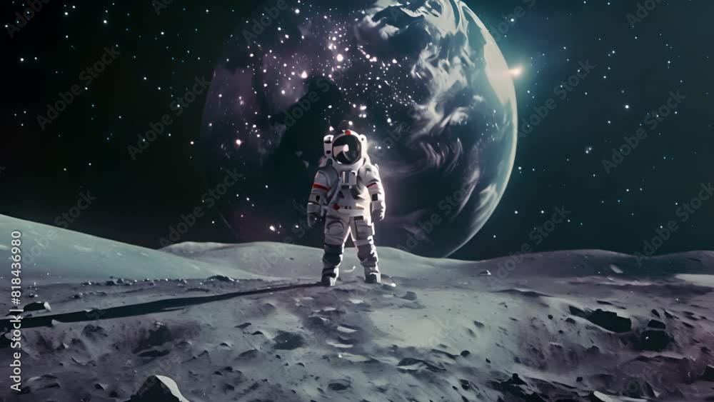 Wall mural astronaut on moon with earth in background with ai generated.