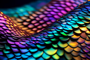 Abstract Colorful Background With Circles and Dots, Seamless Iridescent Dragon or Snake Leather Scale Waves Texture Design for Clothing Fabric, Paper, House Roof, and Decorations. Scales Print.