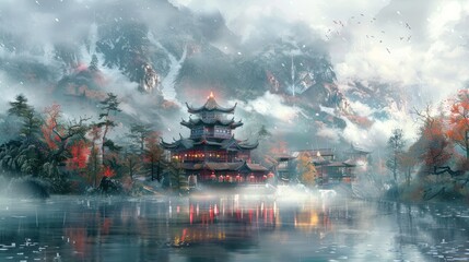 A landscape in the style of Chinese ancient paintings.