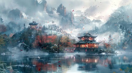 A scenery painted with the characteristics of ancient Chinese art.