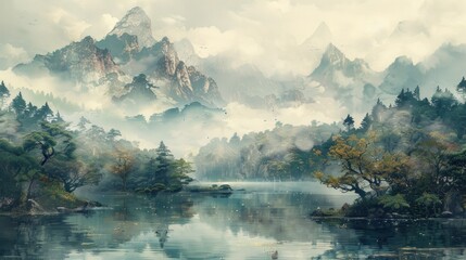 A landscape drawn in the traditional Chinese painting technique.