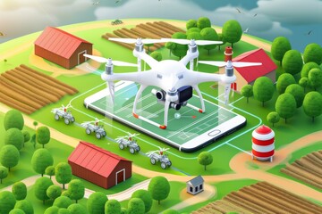 Eco friendly 5G farming in tulip fields benefits from drone technology, transforming soil health as shown in vector illustrations