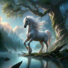 Painting of a white horse running in a forest by a lake.