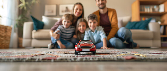 A miniature of car with happy family in background dream car concept