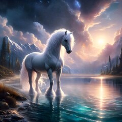 Painting of a white horse standing in the water at sunset.