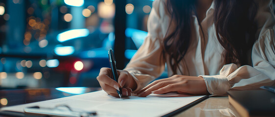 A woman signing on a paper for car insurance