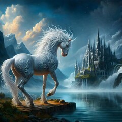Painting of a white unicorn standing on a rock near a castle.