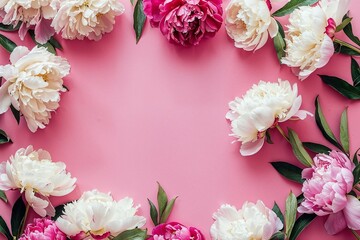 Flat Lay Frame of Beautiful Peony Flowers on Pink Background