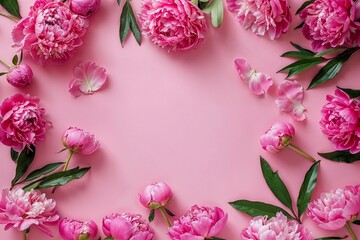 Flat Lay Frame of Beautiful Peony Flowers on Pink Background