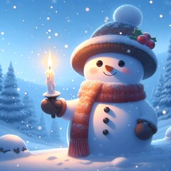 A Painting of a cheerful snowman with a twinkling candle illuminating the snow around.