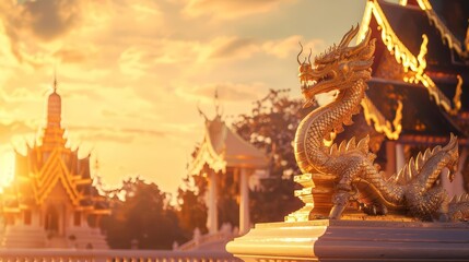 A blank podium showcasing a beautiful scene of Thai temples and monuments with a golden dragon statue